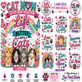 A colorful promotional collage for a cat-themed UV DTF decal collection, showing the main large decal design with three cats, a rainbow, flowers, butterflies, and multiple smaller decal examples. Text includes phrases like 'Life is Better with Cats,' '10 Pieces per Set,' '1 Large Decal,' and '1 Mini Decal,' plus a price of $5.