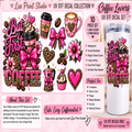 A promotional collage for a coffee-themed UV DTF decal set by Liss Print Studio, showing multiple pink and leopard-print graphics including mugs, coffee cups, bows, hearts, and the phrase 'But First Coffee.' The layout includes text callouts about the 10-piece set, materials, and usage, alongside a large printed preview of the decals on a tumbler.