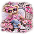 A teddy bear wearing a pink bow, pink sunglasses, a pink shirt, ripped blue jeans, and white sneakers sits surrounded by pink flowers, a pink handbag, a pink tumbler, and supportive text including 'Together We Fight,' 'Be Strong,' 'Be Brave,' 'Keep Going,' 'Hope,' and 'Never Give Up.'.