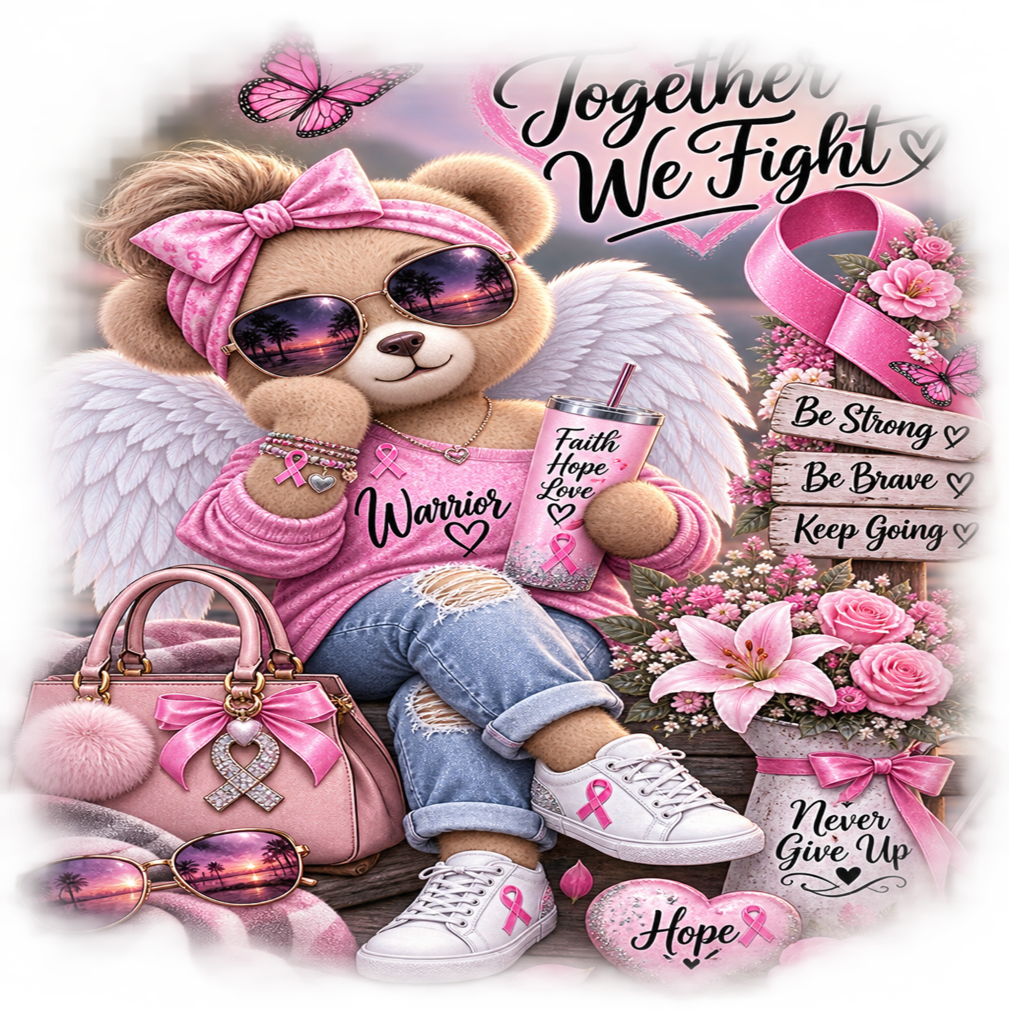A teddy bear wearing a pink bow, pink sunglasses, a pink shirt, ripped blue jeans, and white sneakers sits surrounded by pink flowers, a pink handbag, a pink tumbler, and supportive text including 'Together We Fight,' 'Be Strong,' 'Be Brave,' 'Keep Going,' 'Hope,' and 'Never Give Up.'.