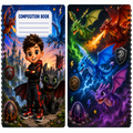 Two spiral-bound composition books with colorful Dragon Slayer themed covers, featuring Toothless, a young boy, dragons, eggs, and lightning on a dark background.