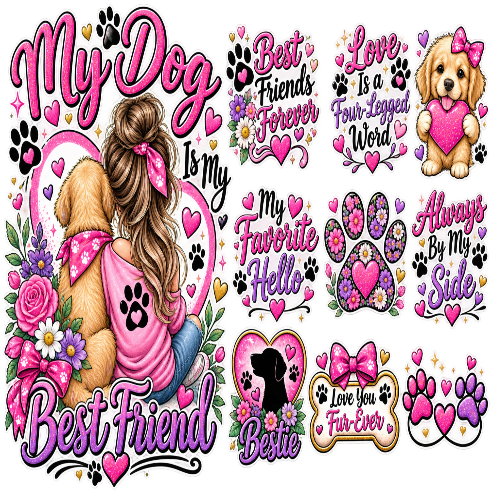 A collage of multiple pink and purple dog-themed graphic designs on a white background, including phrases like 'My Dog Is My Best Friend,' 'Love Is A Four-Legged Word,' and floral paw print motifs with hearts and bows.