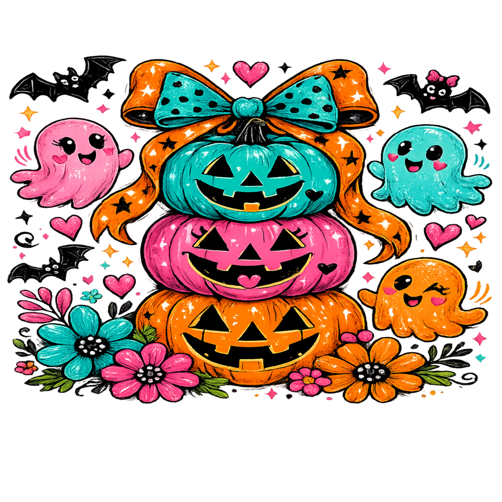 A colorful Halloween illustration featuring three stacked jack-o'-lantern pumpkins, a large orange bow, cute ghosts, bats, stars, and flowers on a white background.