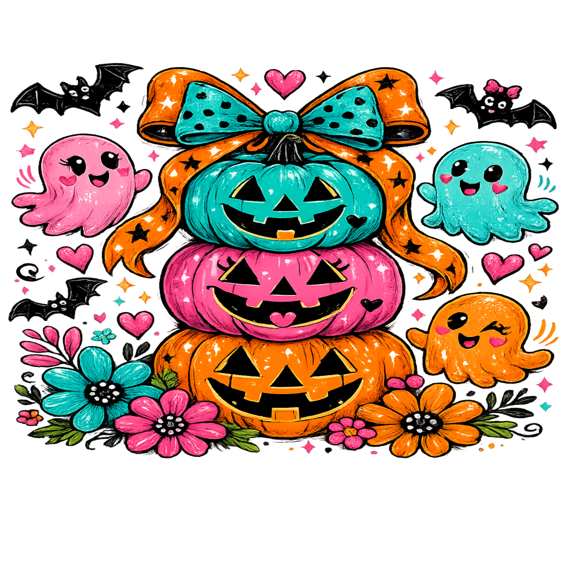 A colorful Halloween illustration featuring three stacked jack-o'-lantern pumpkins, a large orange bow, cute ghosts, bats, stars, and flowers on a white background.