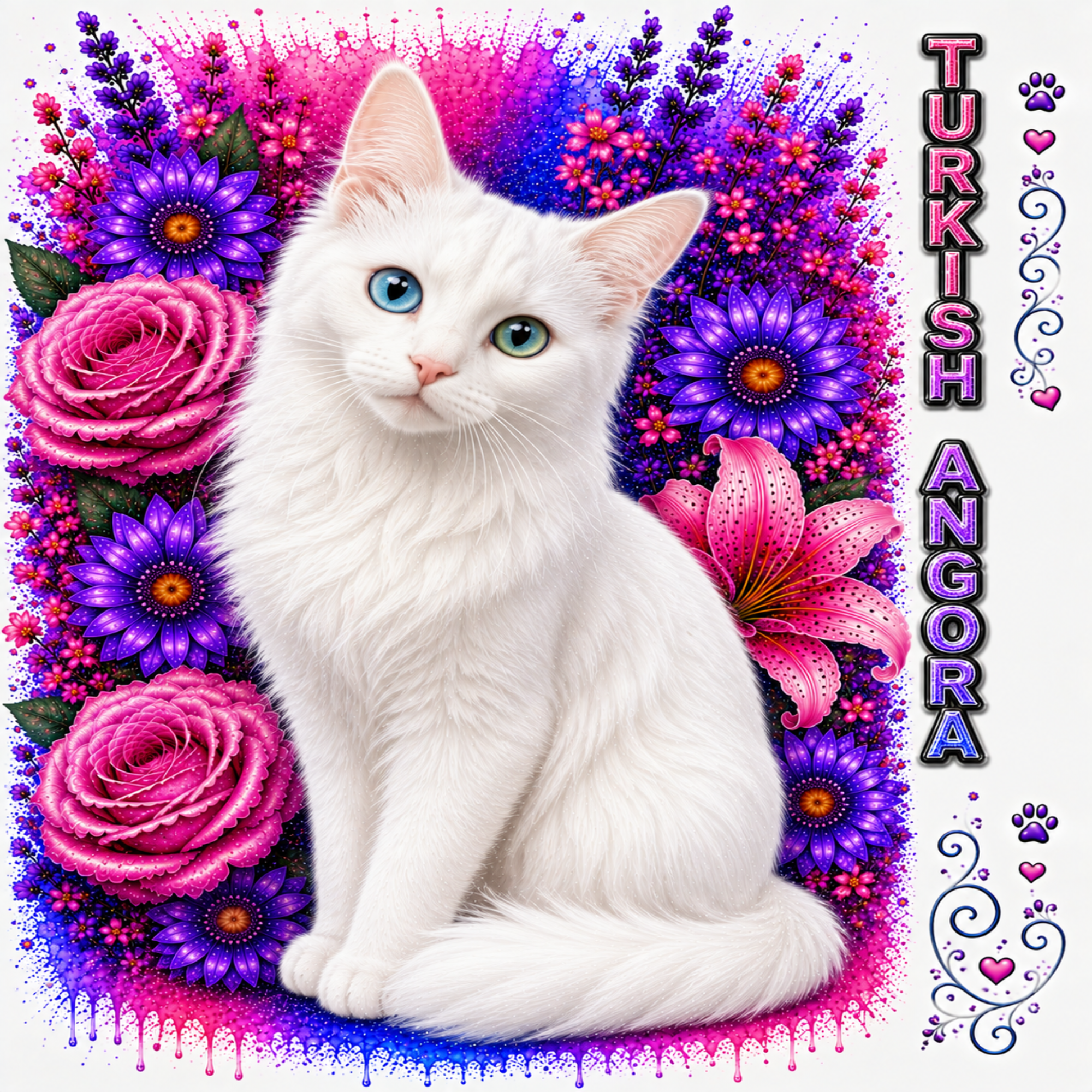 A white long-haired cat with striking blue-green eyes sits centered against a vivid floral background with pink and purple flowers, purple paw prints, and vertical text reading 'TURKISH ANGORA'.