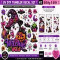 A promotional graphic for a Halloween-themed UV DTF tumbler decal set, featuring a large witch ghost design and multiple smaller matching decals. The layout includes three illustrated tumblers, size information, product features, and pricing on a dark purple background.