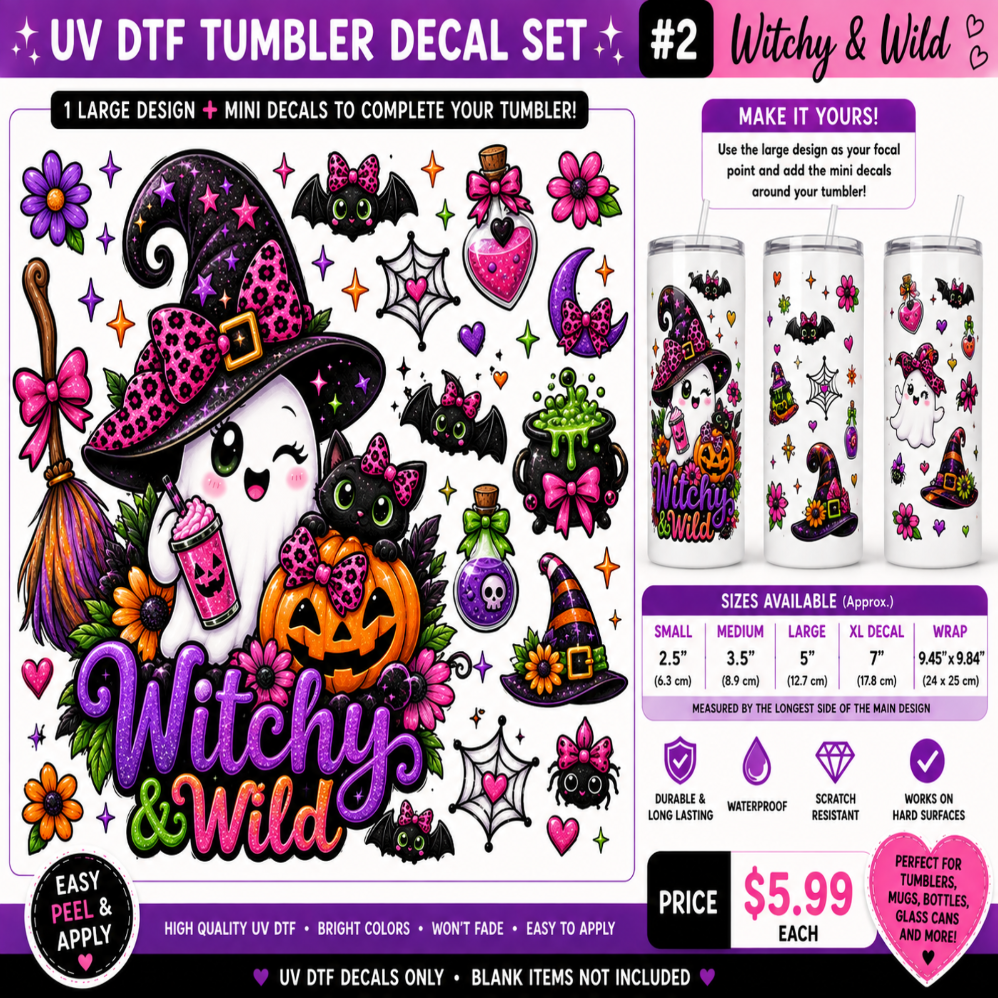 A promotional graphic for a Halloween-themed UV DTF tumbler decal set, featuring a large witch ghost design and multiple smaller matching decals. The layout includes three illustrated tumblers, size information, product features, and pricing on a dark purple background.