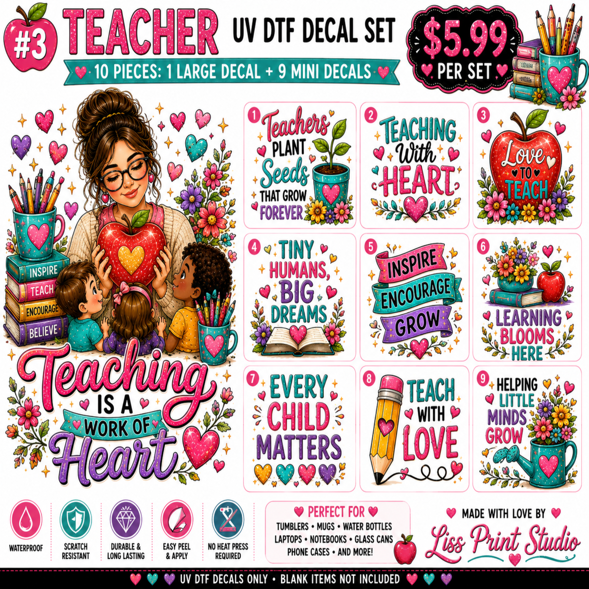 Teaching Is a Work of Heart — Teacher UV DTF Decal Set ❤️🍎📚