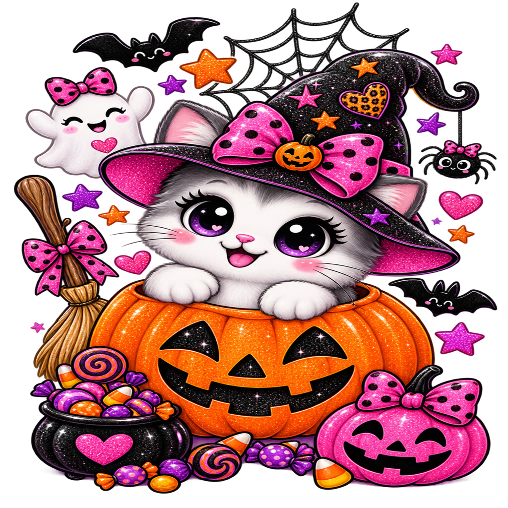 A festive Halloween illustration featuring a white kitten wearing a glittery black witch hat with pink bows, sitting inside an orange jack-o'-lantern. The scene is decorated with candy, a broom, a cauldron, another pumpkin, ghosts, bats, a spider, and stars in pink, purple, orange, and black.