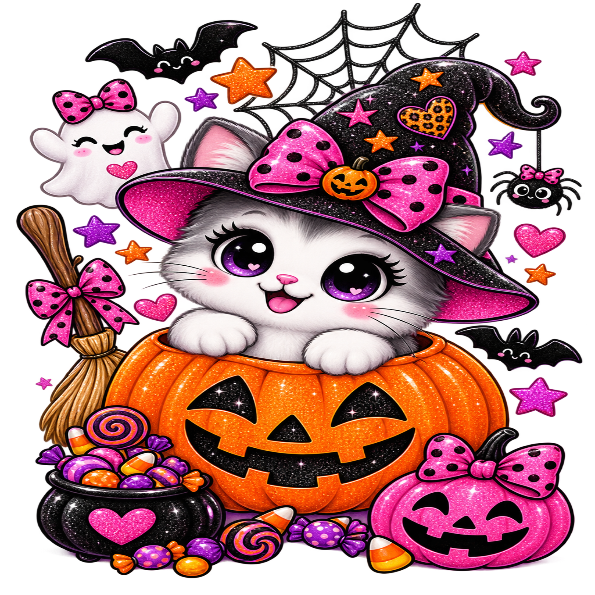A festive Halloween illustration featuring a white kitten wearing a glittery black witch hat with pink bows, sitting inside an orange jack-o'-lantern. The scene is decorated with candy, a broom, a cauldron, another pumpkin, ghosts, bats, a spider, and stars in pink, purple, orange, and black.