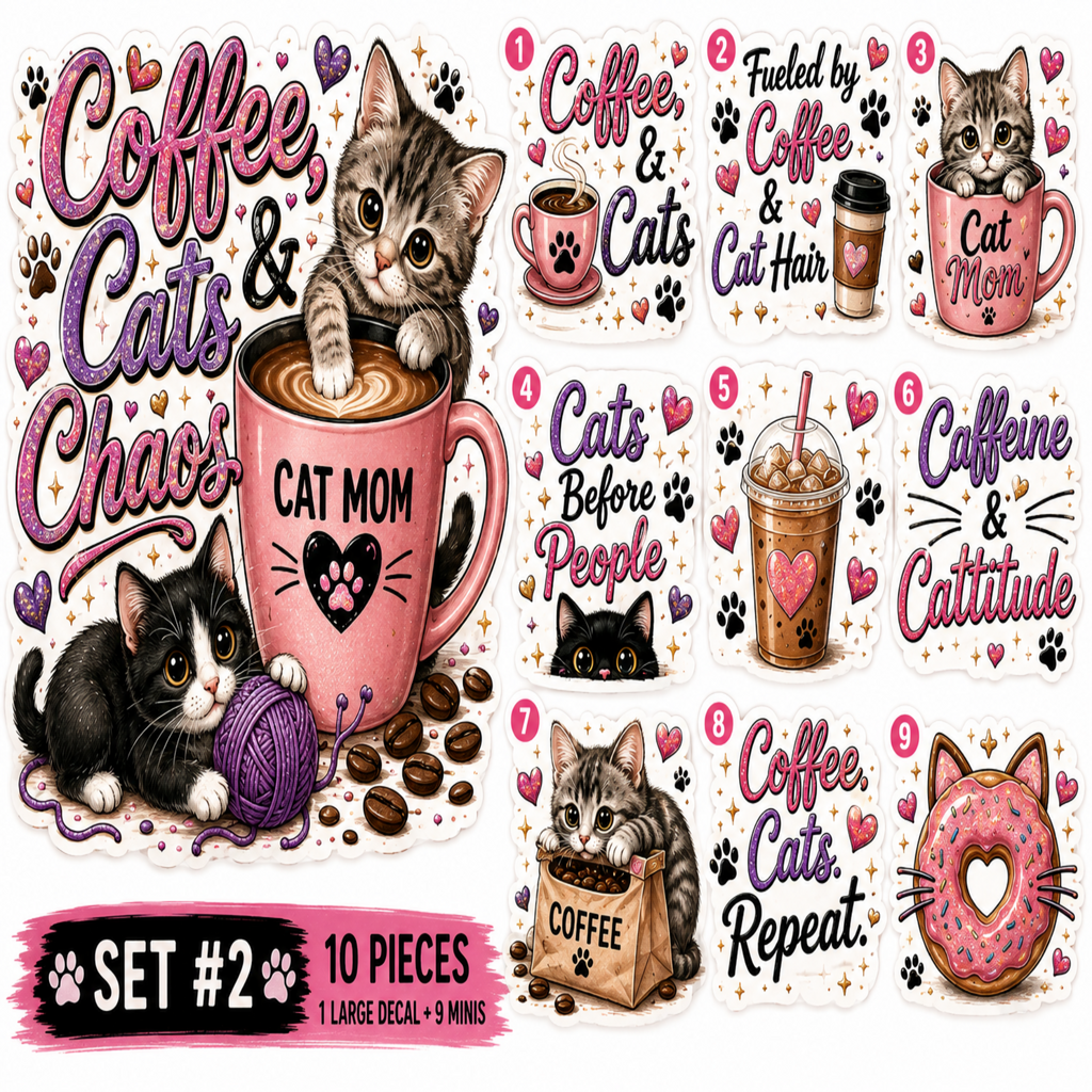 A set of 10 coffee and cat themed decals, labeled Set #2. The collection features various cute illustrations of cats, coffee cups, paw prints, and humorous phrases like 'Coffee & Cats', 'Fueled by Coffee & Cat Hair', and 'Cats Before People'.