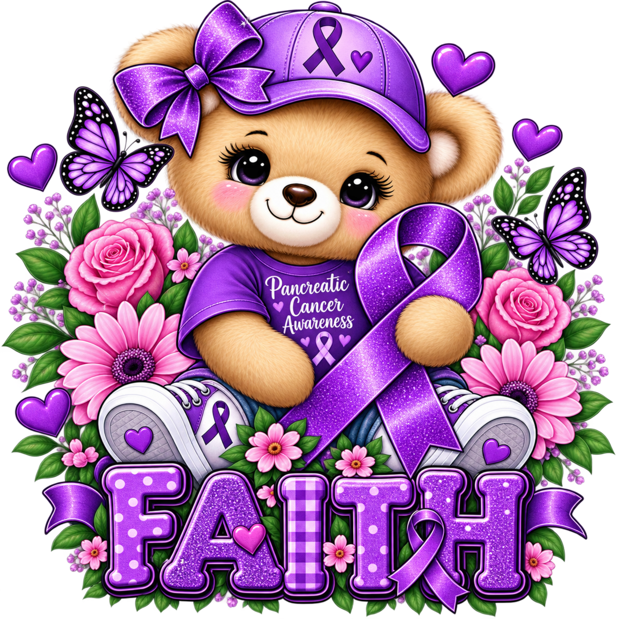 A cartoon teddy bear wearing a purple awareness ribbon cap and matching purple shirt, surrounded by pink flowers, green leaves, purple butterflies, and large purple 'FAITH' lettering with ribbon accents.