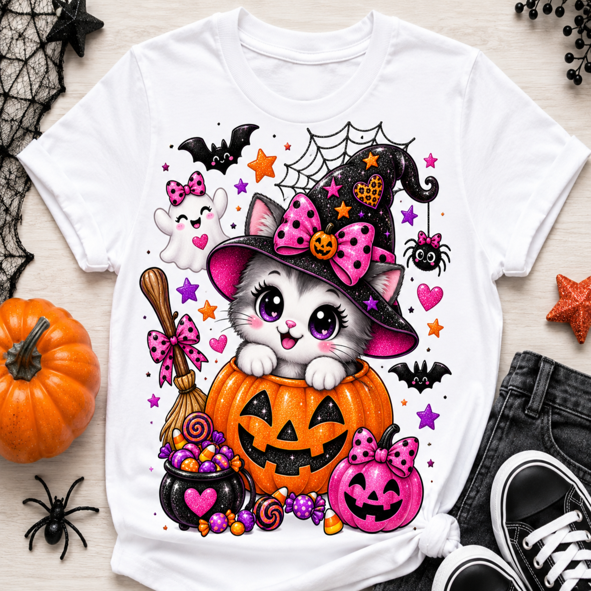 A white short-sleeve T-shirt laid flat on a light wood surface, featuring a colorful Halloween graphic of a cute pink cat in a witch hat sitting on a jack-o'-lantern, surrounded by candy, bats, spiders, and stars. Decorative pumpkins, black webbing, a spider, and part of a pair of black jeans are visible around the shirt.