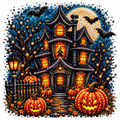 A festive Halloween scene rendered in a diamond painting or bead art style, featuring a haunted house with glowing orange windows, jack-o'-lantern pumpkins in the foreground, bats flying in a starry night sky, and a full moon.