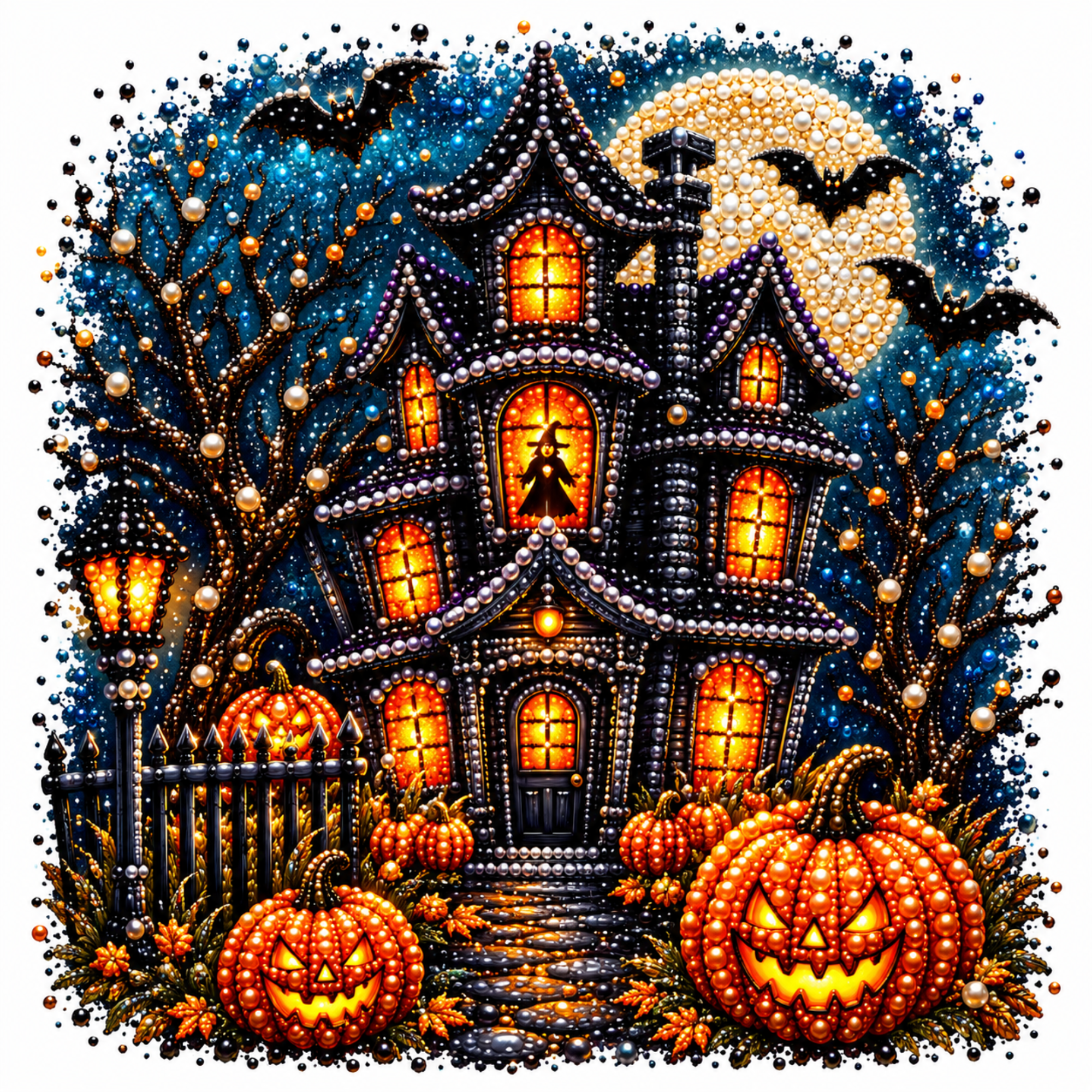 A festive Halloween scene rendered in a diamond painting or bead art style, featuring a haunted house with glowing orange windows, jack-o'-lantern pumpkins in the foreground, bats flying in a starry night sky, and a full moon.