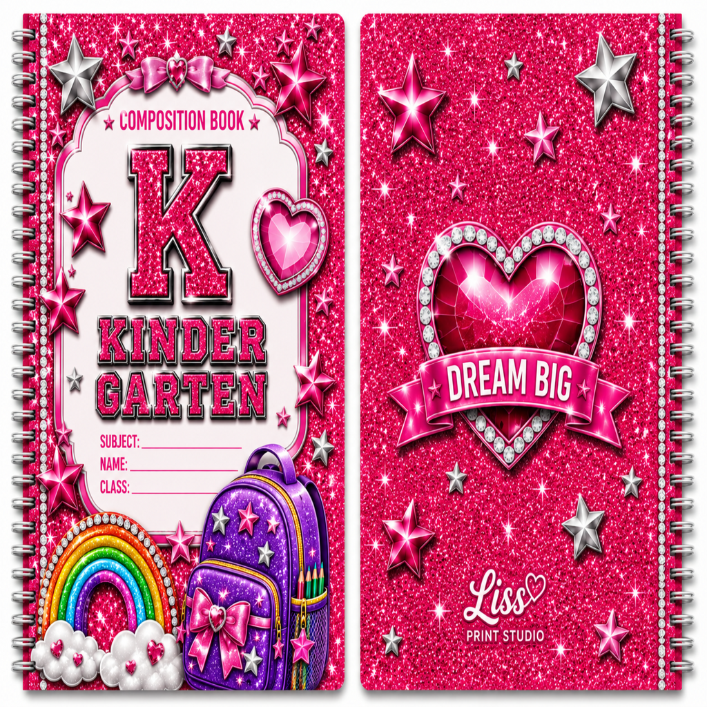 A children's composition book shown as two matching pink glitter covers side by side. The left cover reads 'KINDER GARTEN' with a large pink letter K, stars, a rainbow, clouds, and a purple backpack illustration.