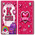 A children's composition book shown as two matching pink glitter covers side by side. The left cover reads 'KINDER GARTEN' with a large pink letter K, stars, a rainbow, clouds, and a purple backpack illustration.