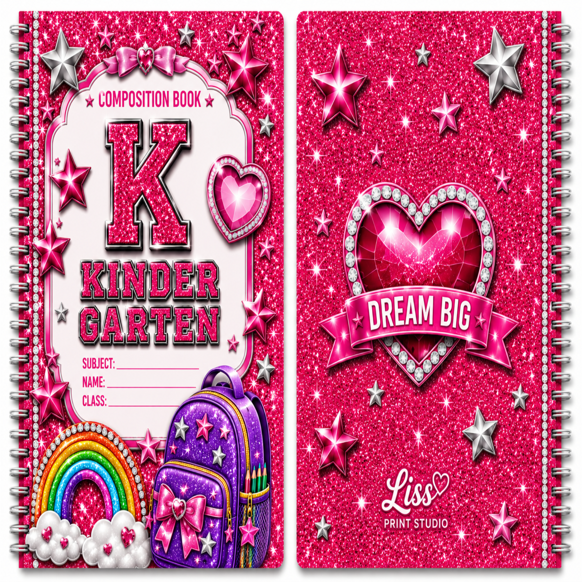 A children's composition book shown as two matching pink glitter covers side by side. The left cover reads 'KINDER GARTEN' with a large pink letter K, stars, a rainbow, clouds, and a purple backpack illustration.