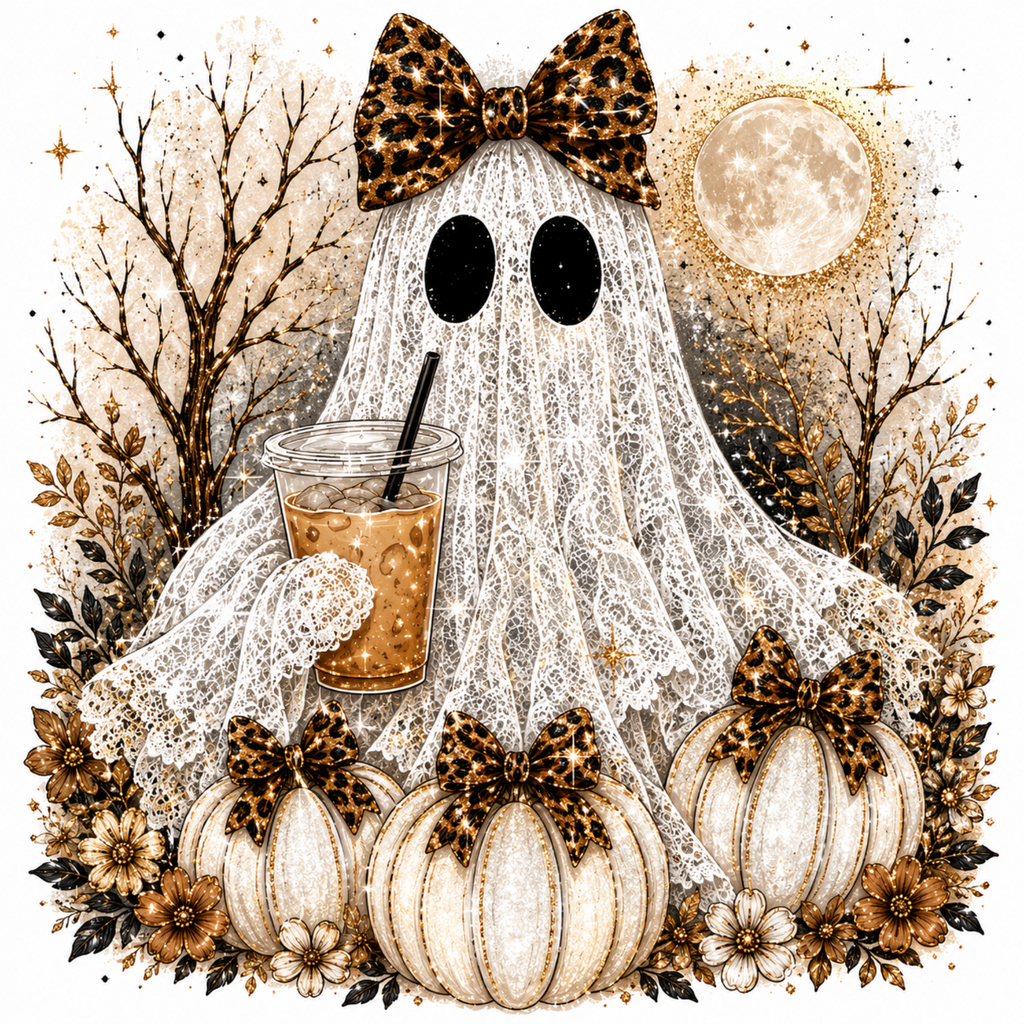 A stylized Halloween illustration featuring a ghost made from white lace, wearing a leopard-print bow, holding an iced coffee, with three white pumpkins and autumn leaves around it against a cream background with a moon and stars.
