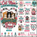 A collage-style product sheet for a 'Cat Mom Rescue Cats Are My Breed' UV DTF decal collection by Las Print Studio. The sheet shows multiple printed decal designs, including large and mini versions, with illustrated cats, paw prints, hearts, flowers, and decorative text.