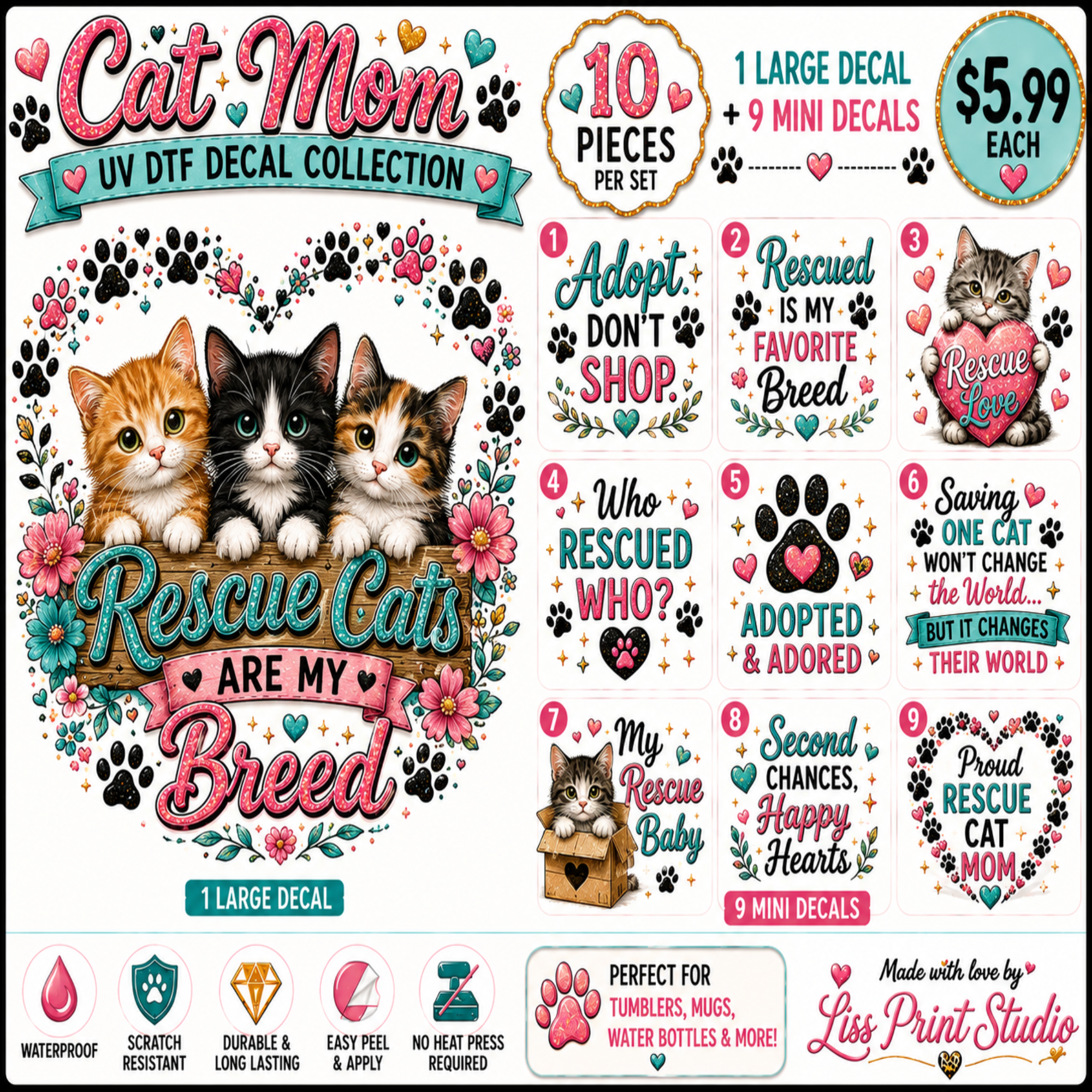 A collage-style product sheet for a 'Cat Mom Rescue Cats Are My Breed' UV DTF decal collection by Las Print Studio. The sheet shows multiple printed decal designs, including large and mini versions, with illustrated cats, paw prints, hearts, flowers, and decorative text.
