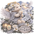A memorial-style illustration featuring a cream teddy bear dressed as an angel with wings, flowers, a halo, and a ribbon that reads 'Lung Cancer Awareness.' A white dove flies at the top right, and a heart-shaped plaque at the bottom says 'Never Forgotten Forever Loved.