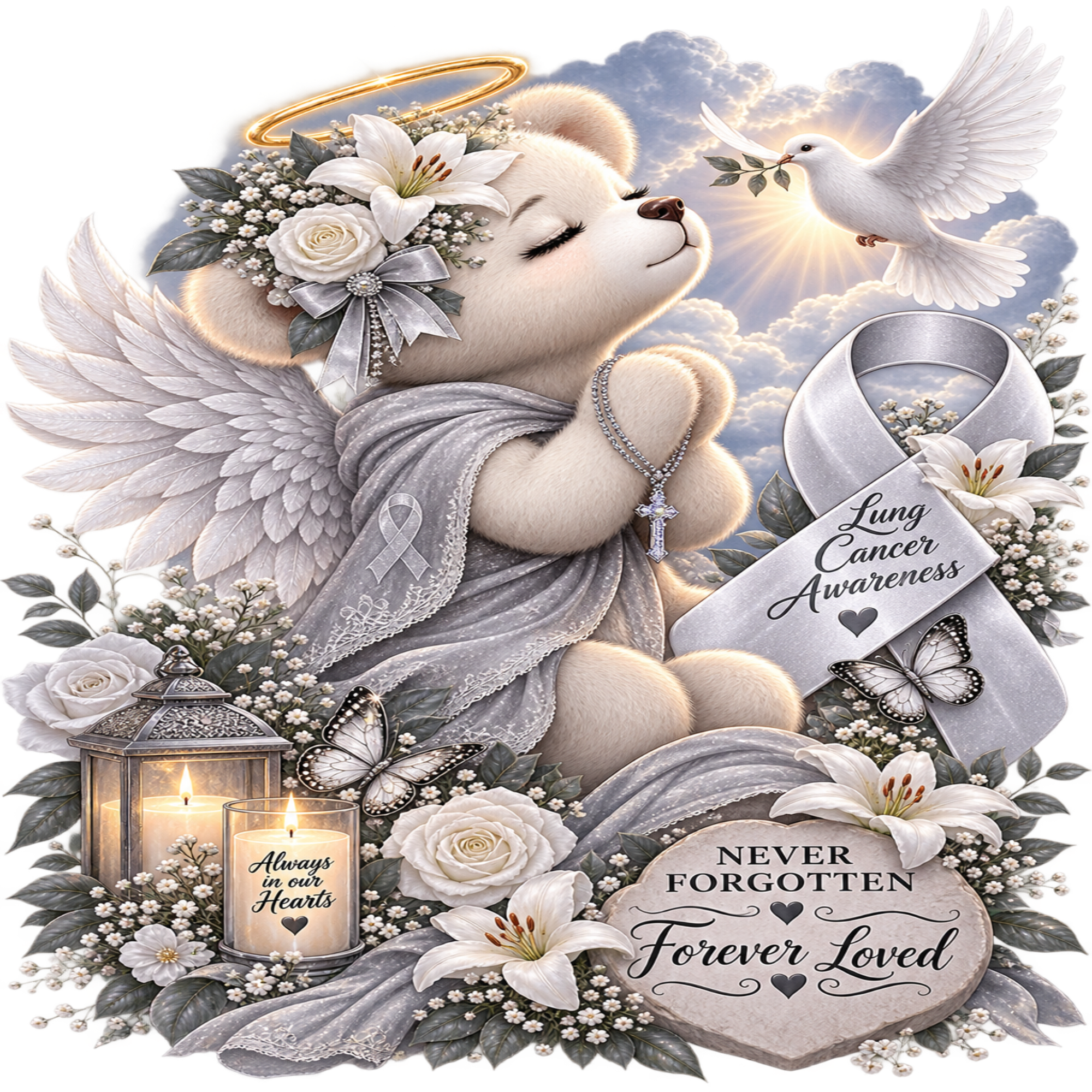 A memorial-style illustration featuring a cream teddy bear dressed as an angel with wings, flowers, a halo, and a ribbon that reads 'Lung Cancer Awareness.' A white dove flies at the top right, and a heart-shaped plaque at the bottom says 'Never Forgotten Forever Loved.