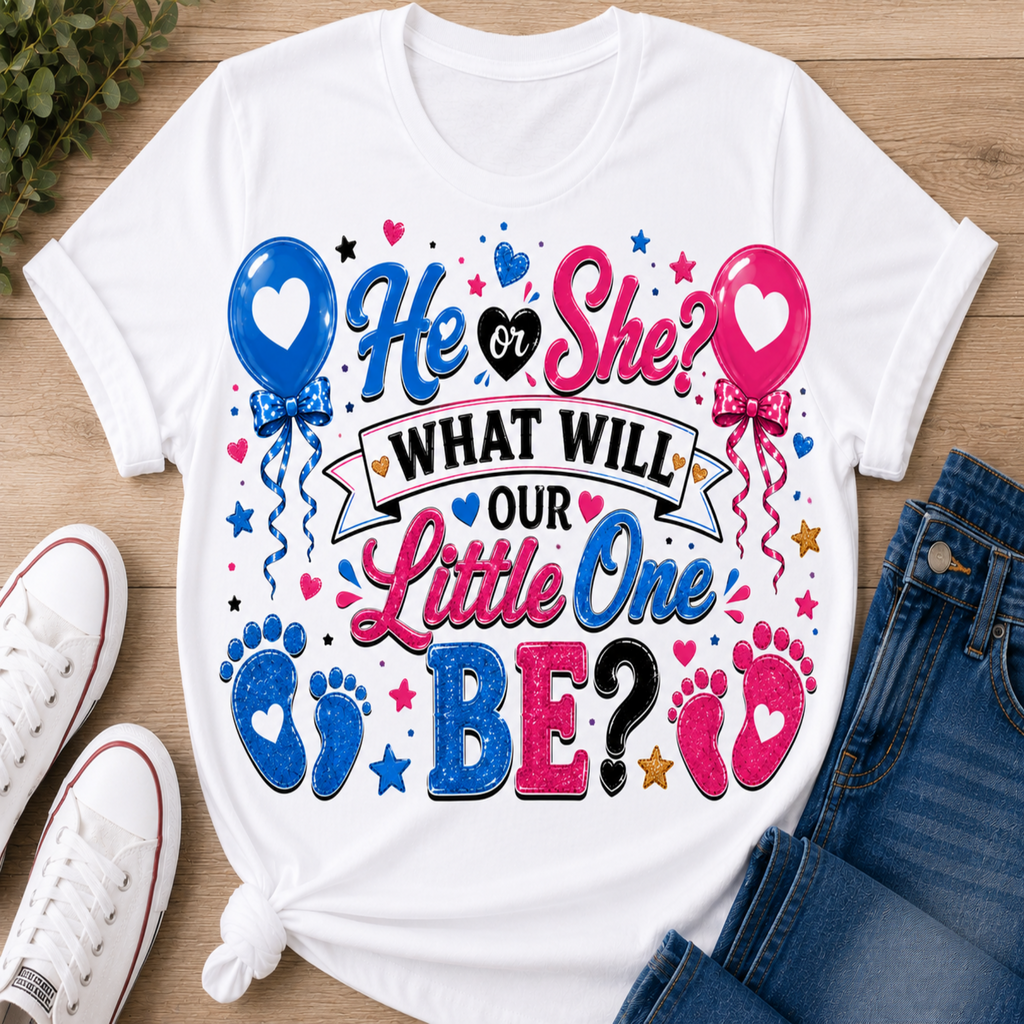 A white graphic T-shirt laid flat on a wood surface with white sneakers and blue jeans as styling props. The shirt features colorful text reading 'He or She? WHAT WILL OUR Little One BE?' with blue and pink balloons, hearts, stars, baby footprints, and glitter-style lettering.
