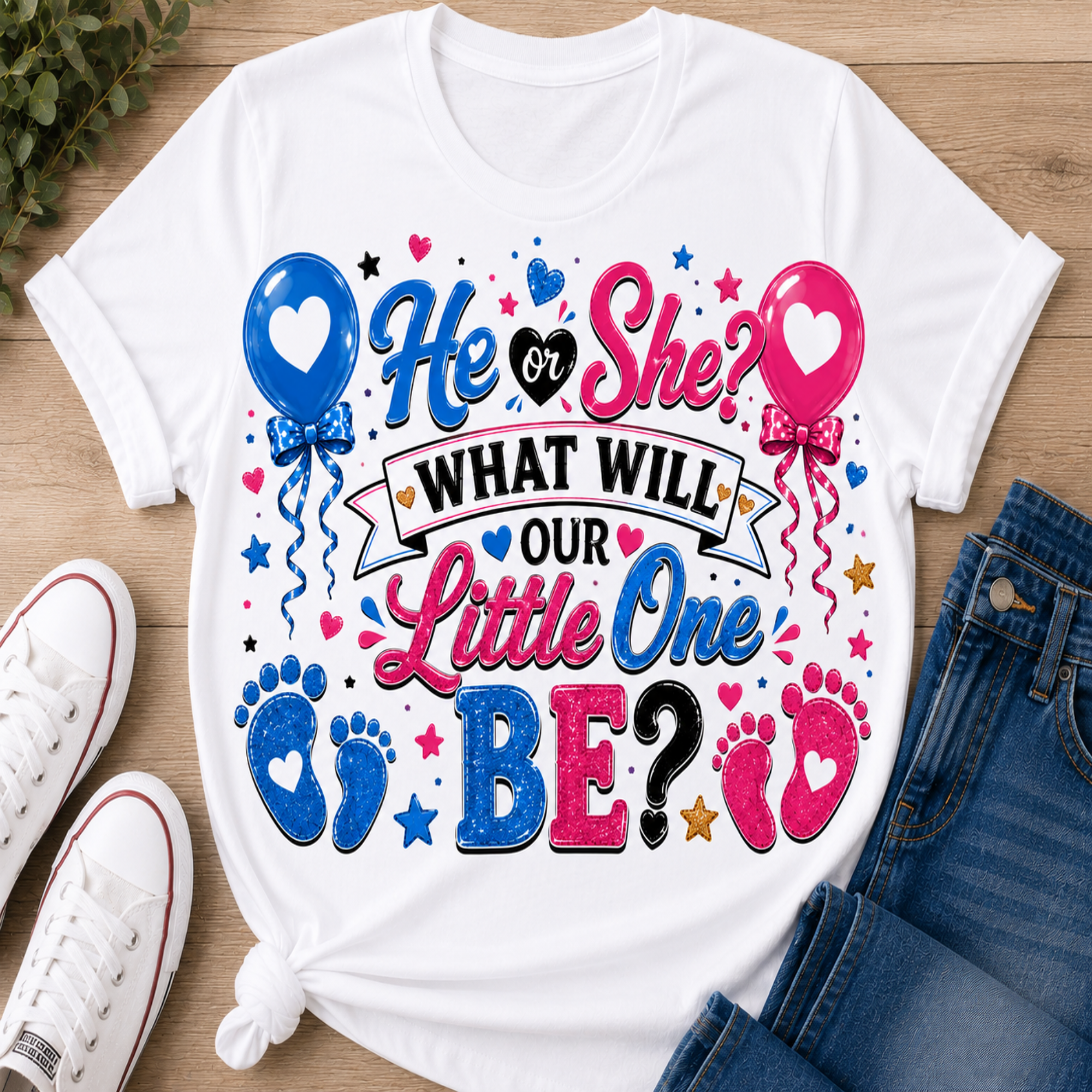 A white graphic T-shirt laid flat on a wood surface with white sneakers and blue jeans as styling props. The shirt features colorful text reading 'He or She? WHAT WILL OUR Little One BE?' with blue and pink balloons, hearts, stars, baby footprints, and glitter-style lettering.