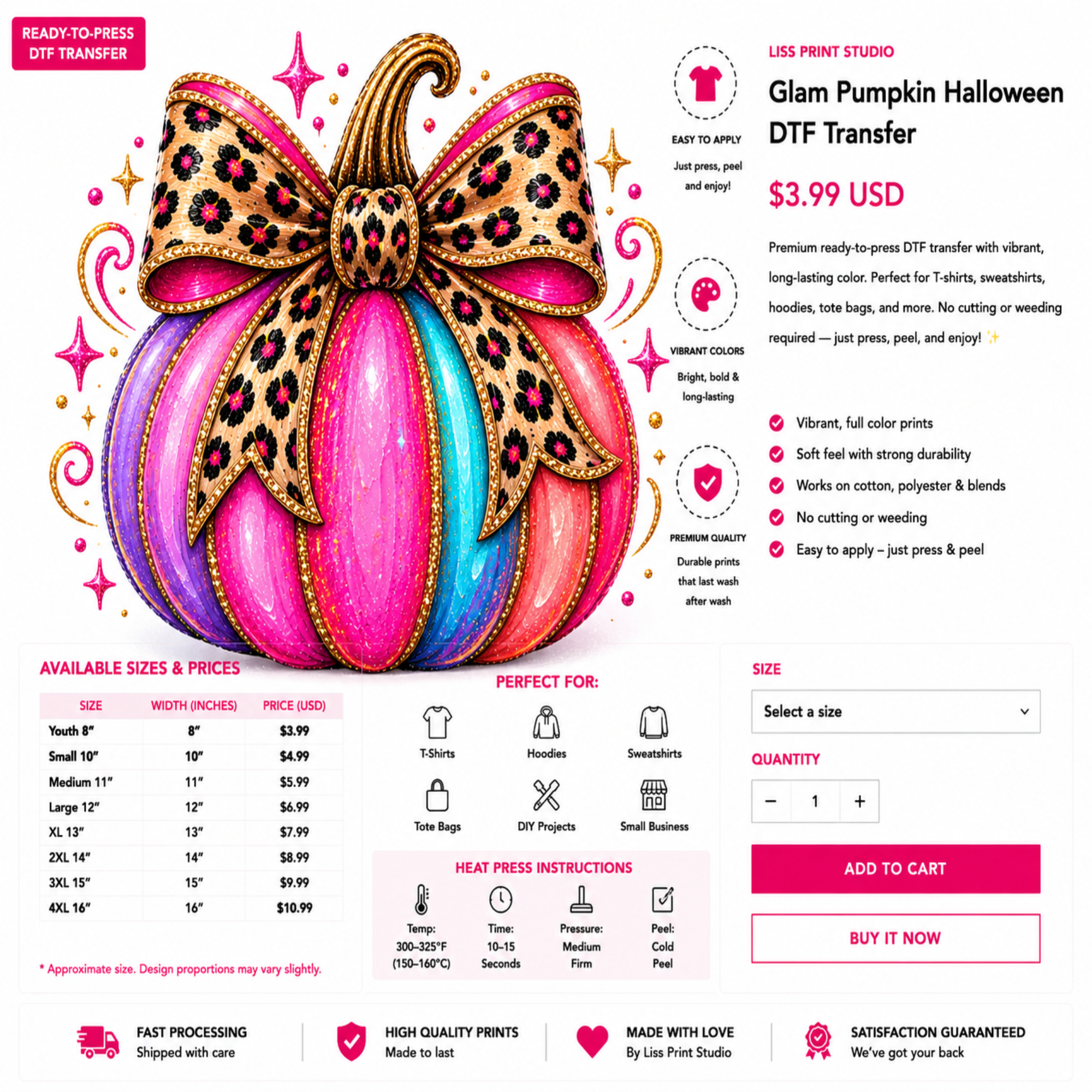 A promotional graphic for a DTF transfer product showing a large pink pumpkin illustration with a black and gold bow, alongside text for a 'Glam Pumpkin Halloween DTF Transfer' priced at $3.99 USD.