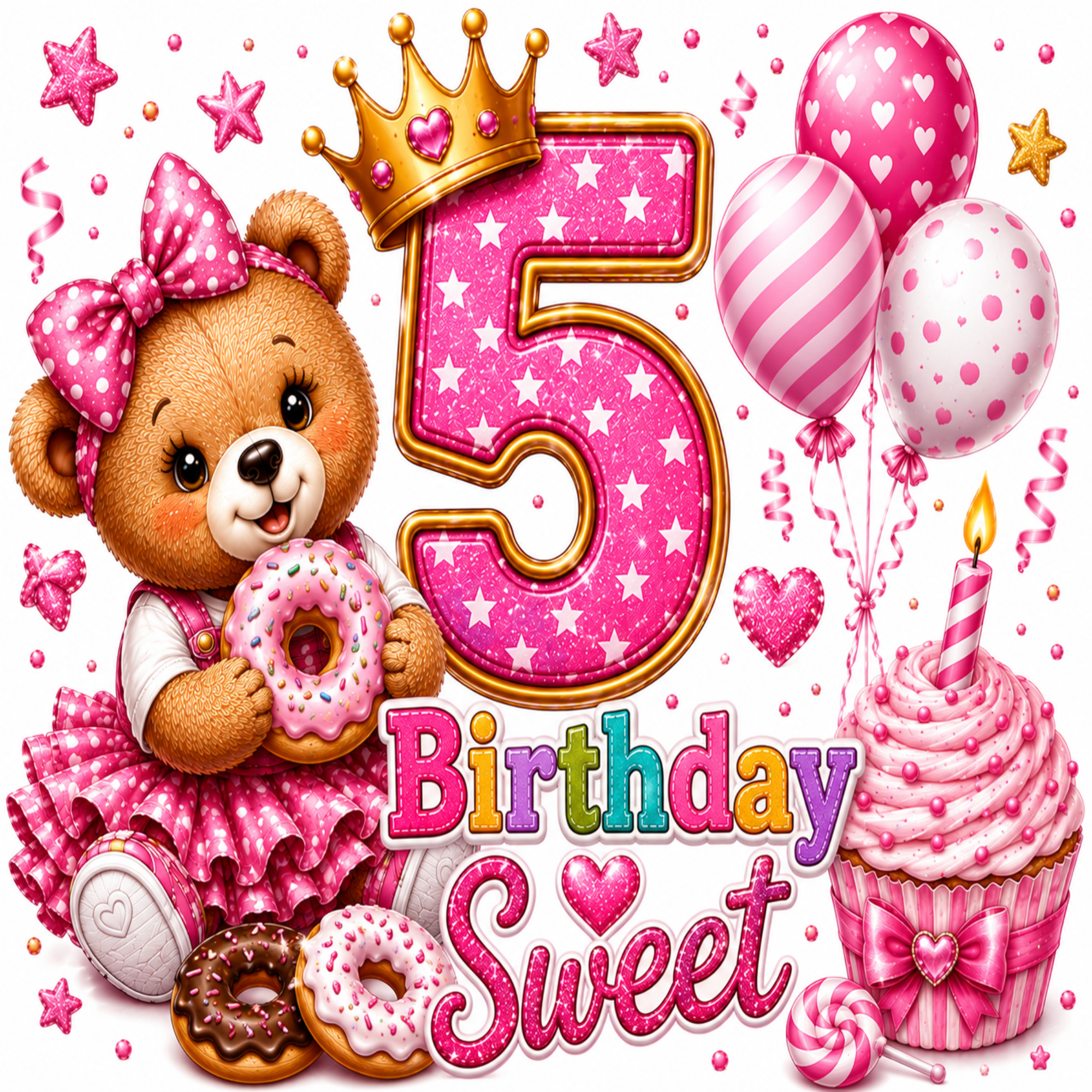 A colorful birthday-themed illustration with a large glittery pink number 5, a crowned teddy bear holding donuts, pink balloons, a pink cupcake with a candle, and the words 'Birthday Sweet' on a white background.