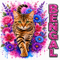A colorful graphic featuring a Bengal cat walking forward in front of a dense floral background with pink, blue, and purple flowers. The word 'BENGAL' appears vertically on the right in glittery pink letters with a black outline.