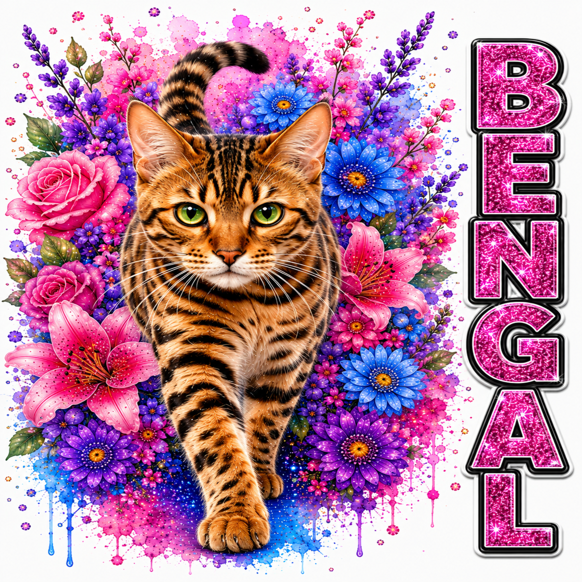 A colorful graphic featuring a Bengal cat walking forward in front of a dense floral background with pink, blue, and purple flowers. The word 'BENGAL' appears vertically on the right in glittery pink letters with a black outline.