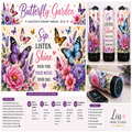 A product presentation collage for a 'Butterfly Garden' Bluetooth speaker tumblers by Liss Print Studio. The left side features a large printed wrap design mockup with colorful butterflies and flowers, and the right side shows three physical tumblers and a cylindrical tumbler wrapped in the same design, displayed on a white background with product specifications listed below.