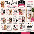 A promotional collage for a 'Dog Lover Collection' UV DTF transfer pack by Less Print Studio, showing multiple printed dog-themed designs, paw prints, and a sample tumbler with a dog print, on a white background with pink and black text banners.