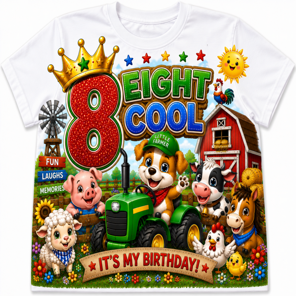 A white short-sleeve T-shirt with a large colorful cartoon birthday graphic on the front. The design features the text '8 EIGHT COOL' with a glittery red number 8 and crown, a green tractor, a red barn, flowers, and farm animals including a pig, cow, horse, sheep, chicken, and duck.