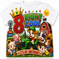 A white short-sleeve T-shirt with a large colorful cartoon birthday graphic on the front. The design features the text '8 EIGHT COOL' with a glittery red number 8 and crown, a green tractor, a red barn, flowers, and farm animals including a pig, cow, horse, sheep, chicken, and duck.