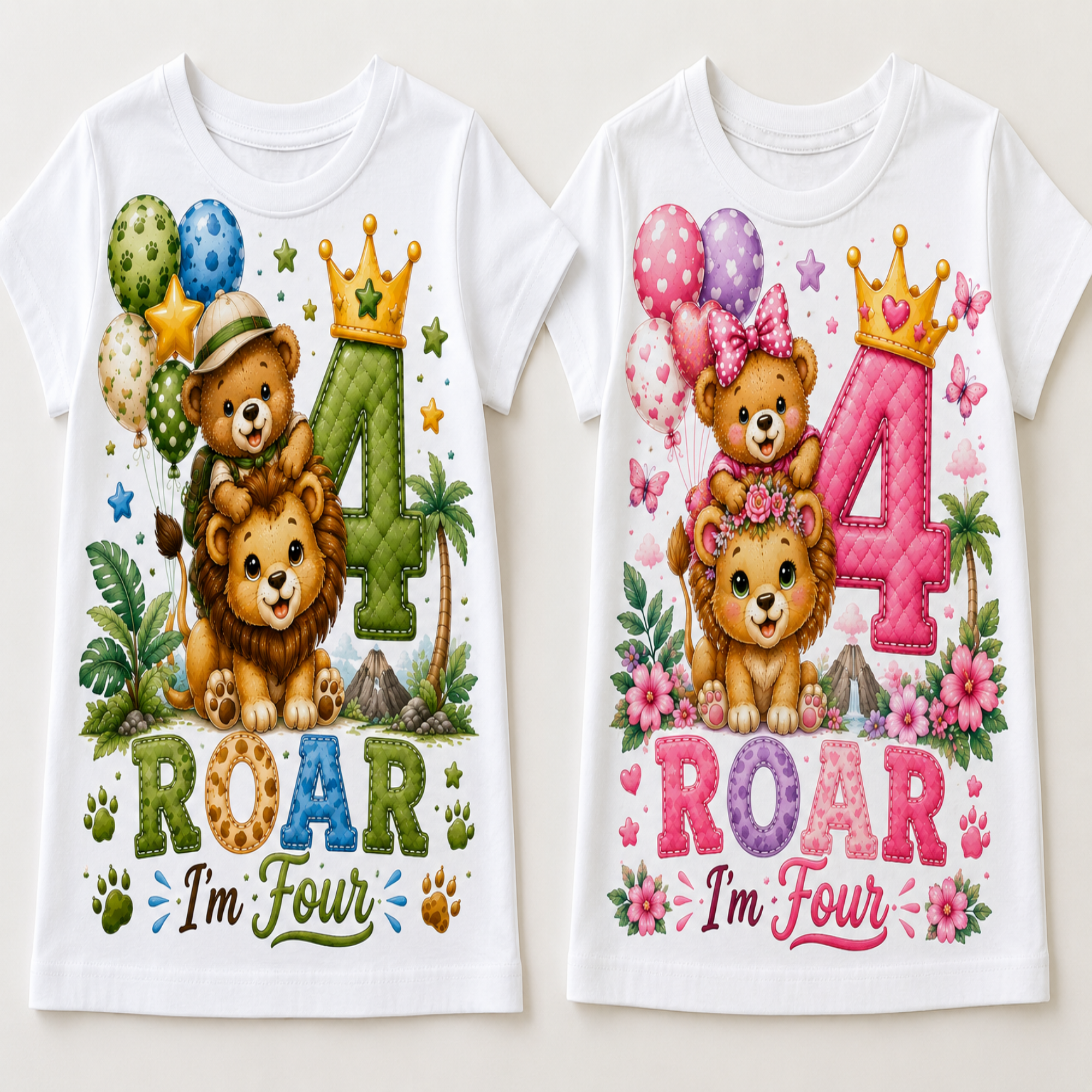 Two white short-sleeve baby t-shirts shown side by side, each printed with a colorful cartoon bear and lion birthday design that reads '4 ROAR I'm Four' with balloons, flowers, stars, and a crown.
