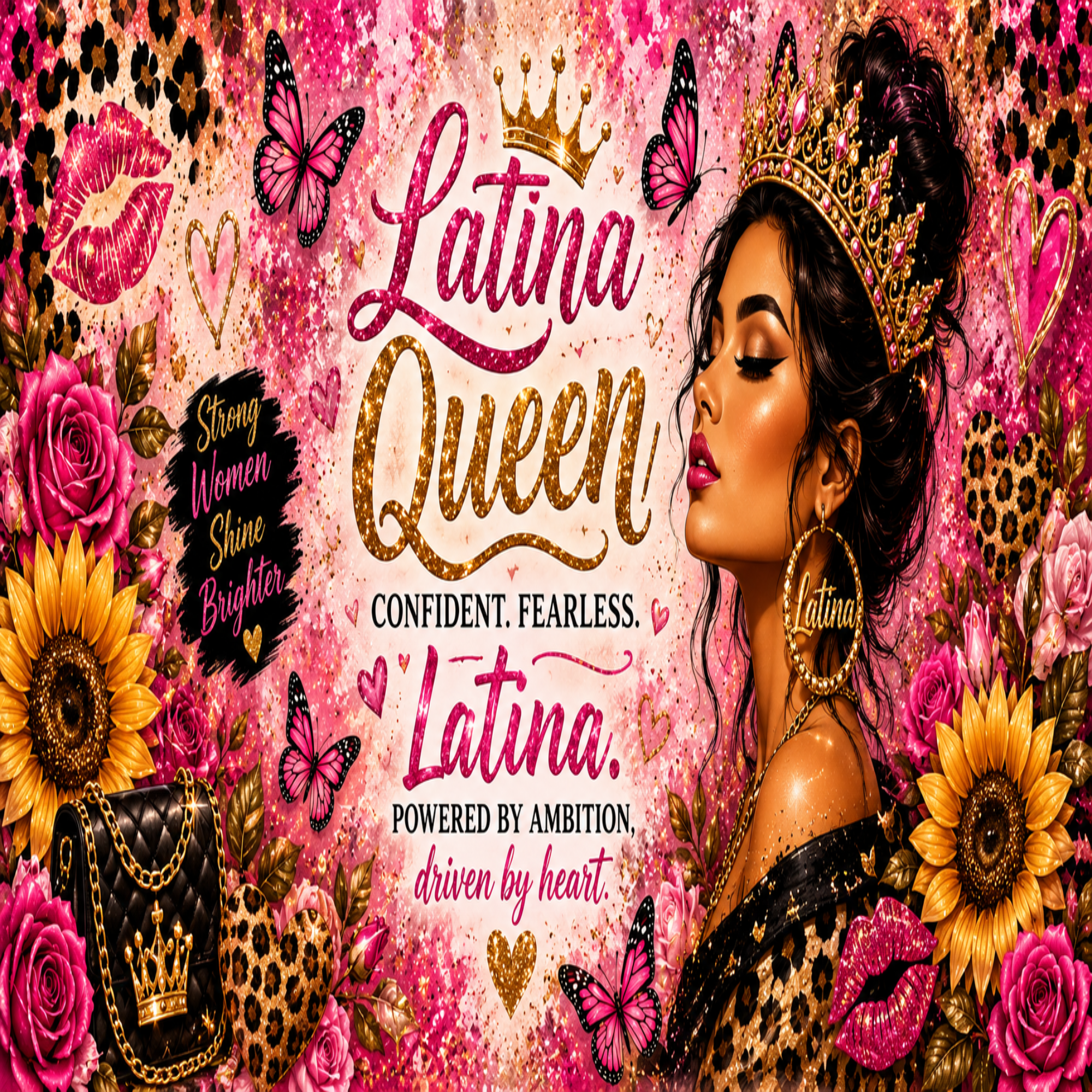 A vibrant, highly stylized promotional graphic featuring a woman in profile wearing a gold crown and matching gold earrings, surrounded by pink roses, yellow sunflowers, butterflies, leopard print, and bold text reading 'Latina Queen' and 'Confident. Fearless.