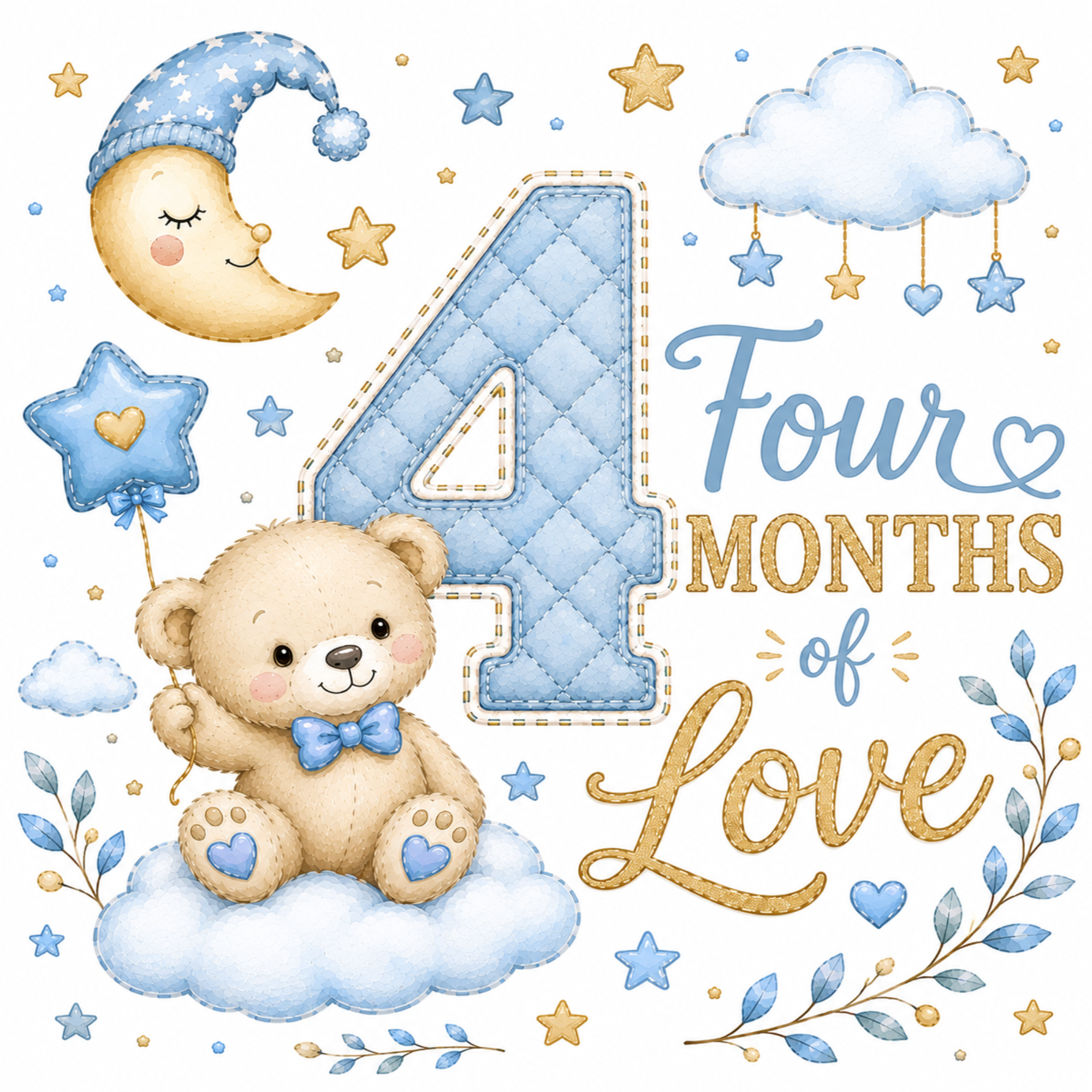 A baby shower style illustration celebrating 4 months, featuring a large quilted blue number 4, the words 'Four Months of Love' in blue and gold script, a sleeping teddy bear with a blue bow tie on a cloud, a crescent moon in a starry hat, stars, clouds, and decorative leaves on a white background.
