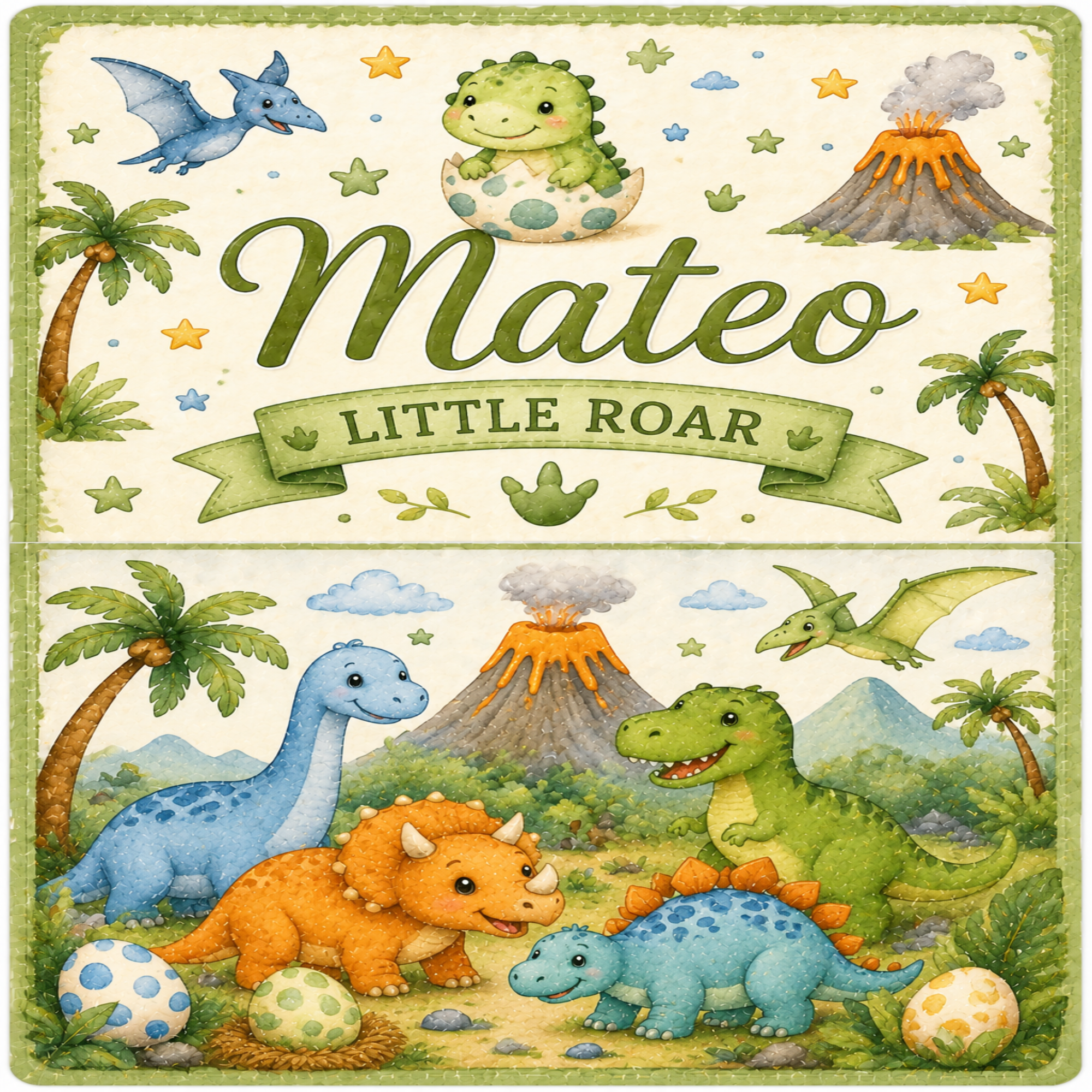 A children's activity board or card featuring a colorful dinosaur theme with the text 'Mateo LITTLE ROAR'. The illustration shows various cute cartoon dinosaurs, including a blue long-necked one, an orange triceratops, a green T-Rex, a blue Stegosaurus, a pterosaur, eggs, palm trees, and an volcano on a cream-colored background with a green border.