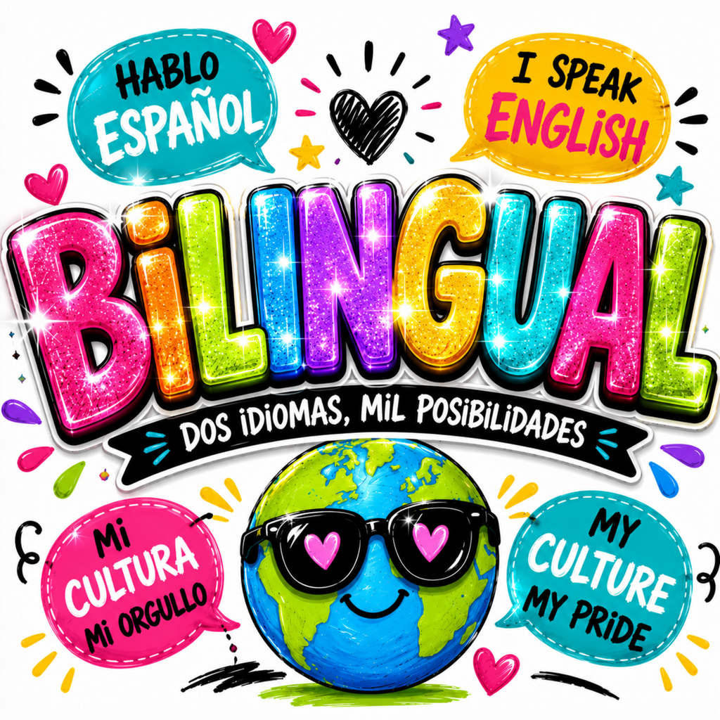 Vibrant bilingual-themed graphic with the word 'BILINGUAL' in large multicolored glitter letters, Spanish text 'HABLO ESPAÑOL' and 'I SPEAK ENGLISH' in speech bubbles, a globe with sunglasses and heart-shaped eyes, and additional Spanish and English phrases on a white background.