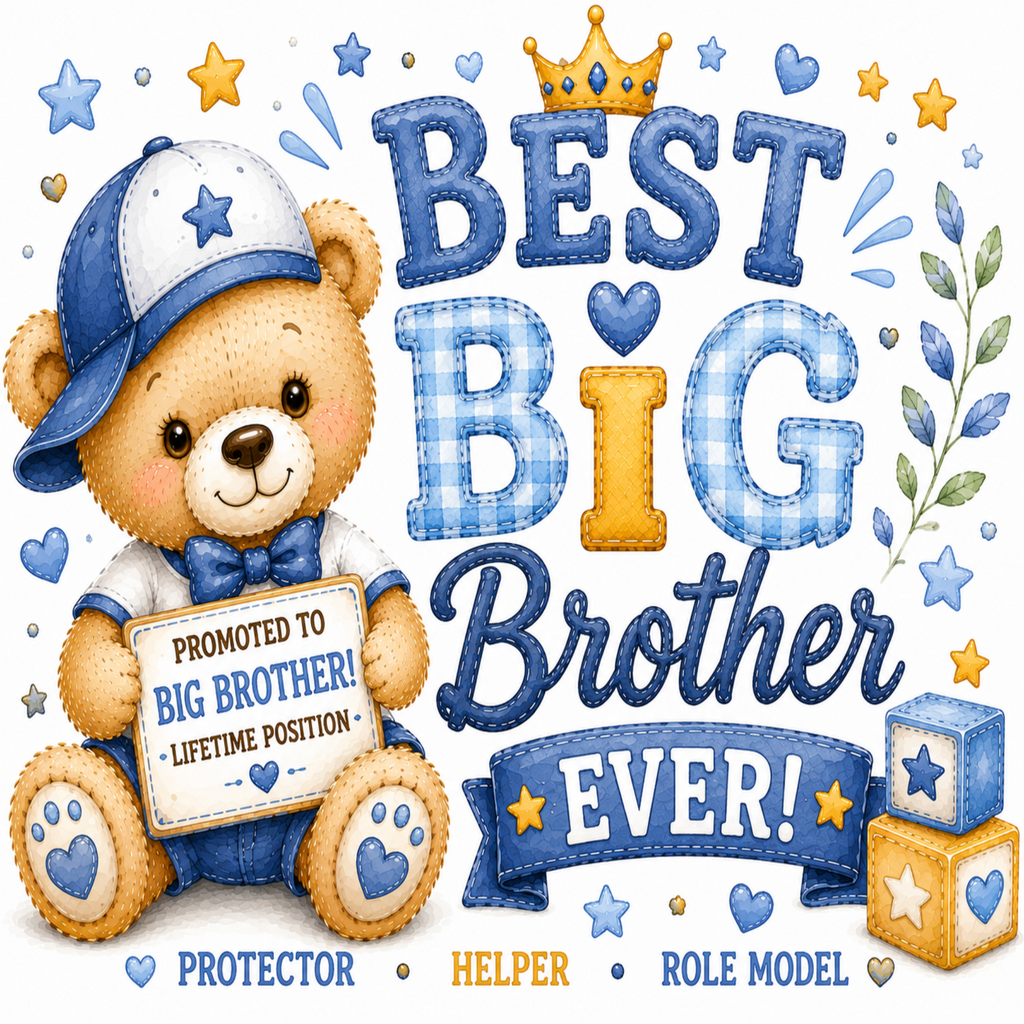 A decorative graphic celebrating a child's promotion to Big Brother, featuring a teddy bear wearing a blue and white cap and bow tie, holding a sign that reads 'Promoted to Big Brother! Lifetime Position.' Large stitched-style text says 'BEST Big Brother EVER!' with stars, hearts, and blue blocks around it.