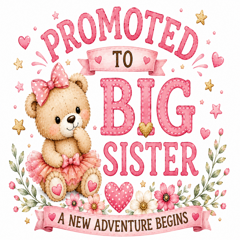 A watercolor-style graphic with the words 'PROMOTED TO BIG SISTER' and 'A NEW ADVENTURE BEGINS' in pink lettering, decorated with a teddy bear wearing a pink bow and tutu, hearts, stars, flowers, and green leaves on a white background.