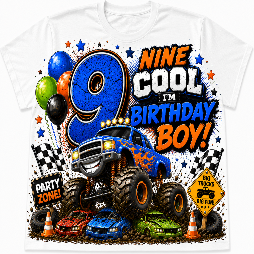 A white short-sleeve t-shirt featuring a colorful graphic design for a nine-year-old boy's birthday. The design includes a large blue number 9, the text 'NINE COOL I'M BIRTHDAY BOY!', a blue monster truck, small race cars, balloons, checkered flags, and cones.