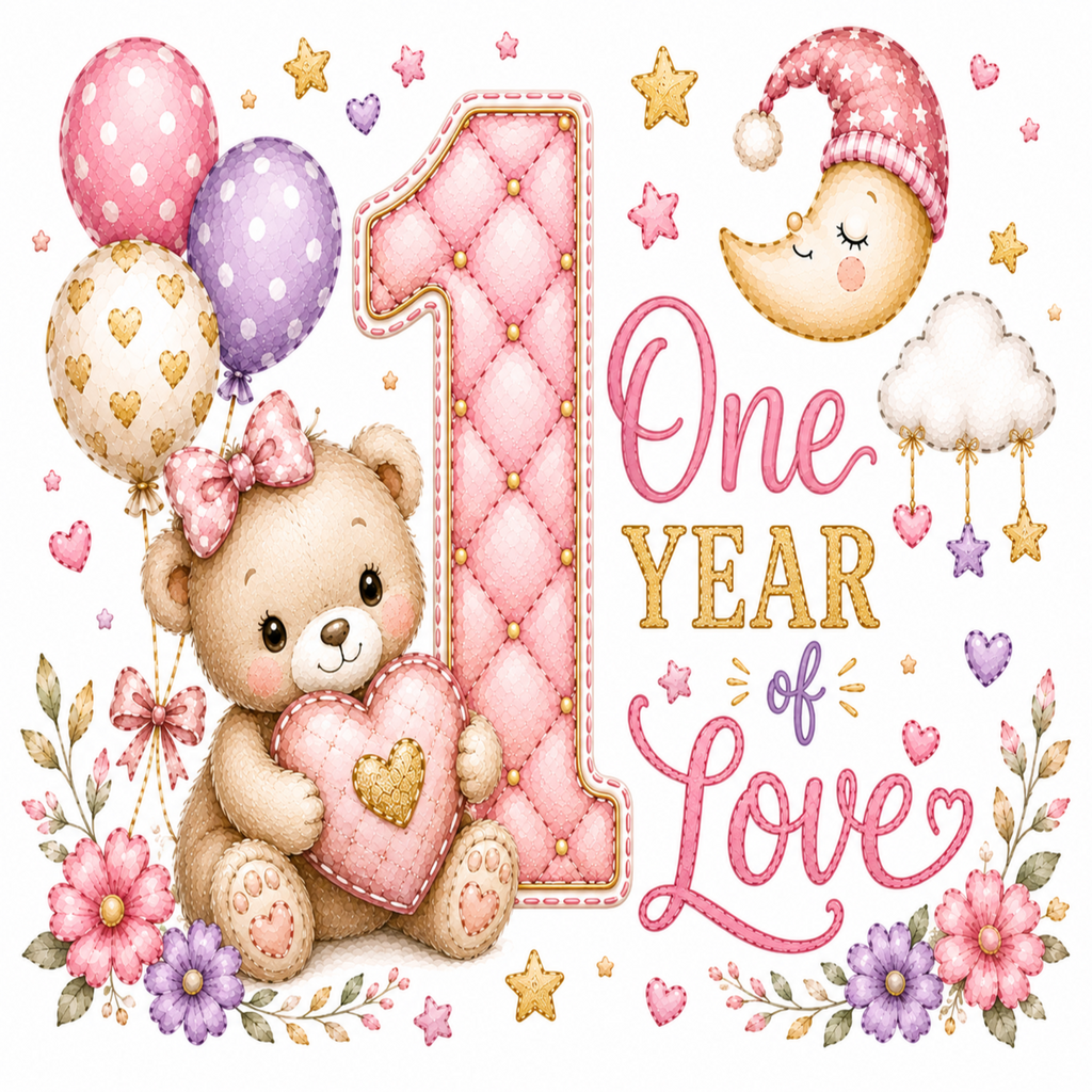 A cute first birthday illustration featuring a teddy bear holding a heart-shaped pillow, a large pink quilted number 1, the words 'One Year of Love' in pink and gold lettering, balloons, a crescent moon in a pink hat, clouds, stars, and flowers on a white background.
