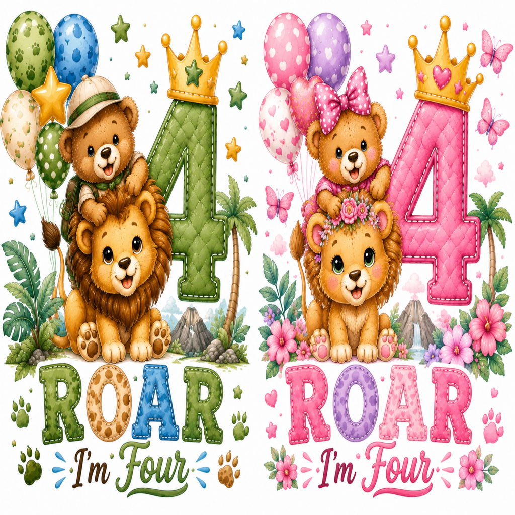 A cartoon-style birthday graphic celebrating a child's fourth birthday, featuring two cute teddy bears with lions, balloons, stars, flowers, and the words '4', 'ROAR', and 'I'm Four'.