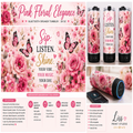 A promotional collage for a Bluetooth speaker tumblers wrap design by Liss Print Studio, showing a large floral banner with pink roses, butterflies, and the text 'Pink Floral Elegance' and 'Sip. Listen.