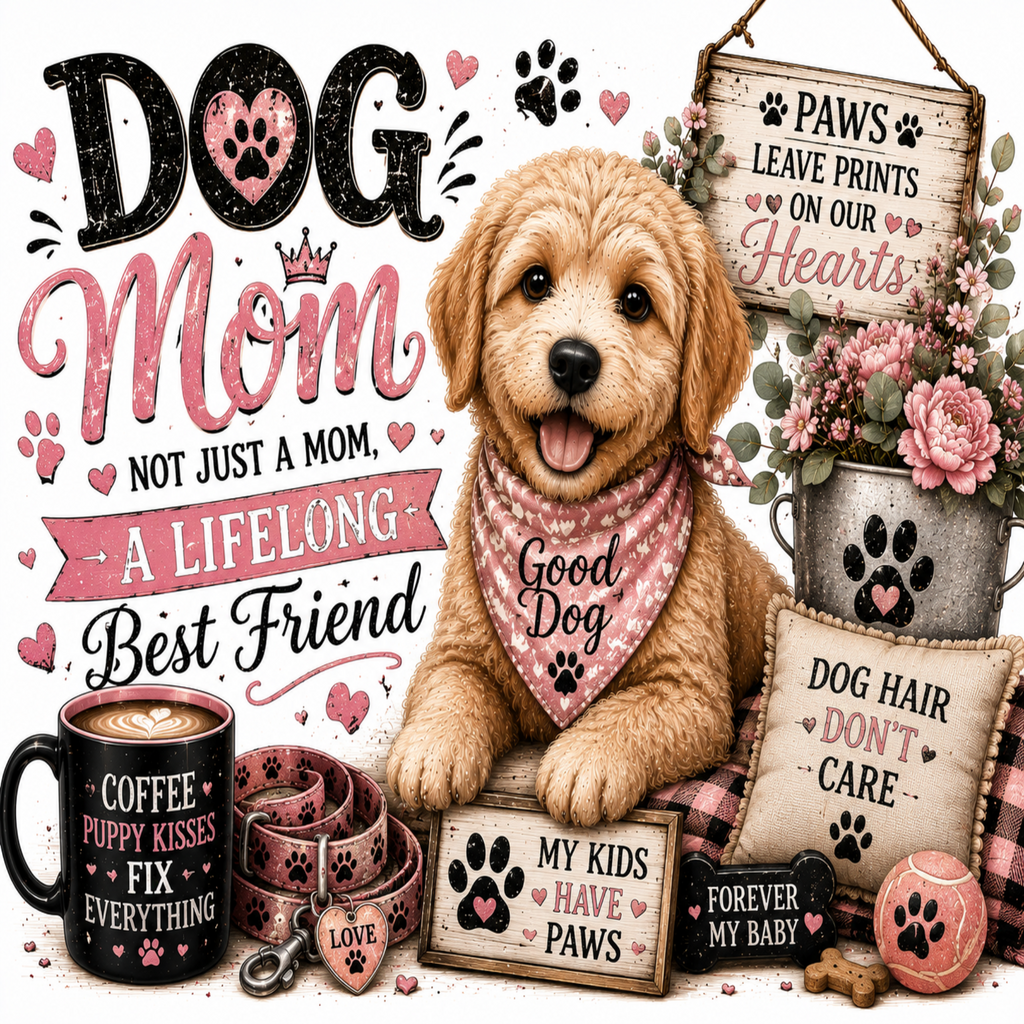 A decorative dog-themed graphic featuring a golden puppy wearing a pink patterned bandana, surrounded by heart and paw-print illustrations, quotes, pillows, a mug, a leash, and signs. The text reads 'DOG Mom NOT JUST A MOM, A LIFELONG Best Friend' and includes phrases like 'COFFEE PUPPY KISSES FIX EVERYTHING' and 'MY KIDS HAVE PAWS'.