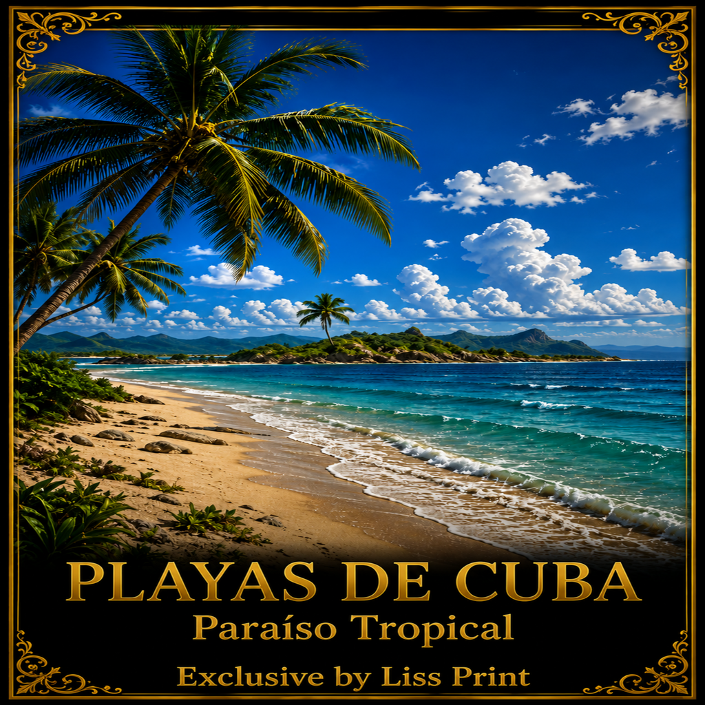 A tropical beach scene poster with palm trees, blue ocean, sandy shore, and dramatic clouds, framed by a decorative gold border. Text at the bottom reads 'PLAYAS DE CUBA', 'Paraío Tropical', and 'Exclusive by Liss Print'.